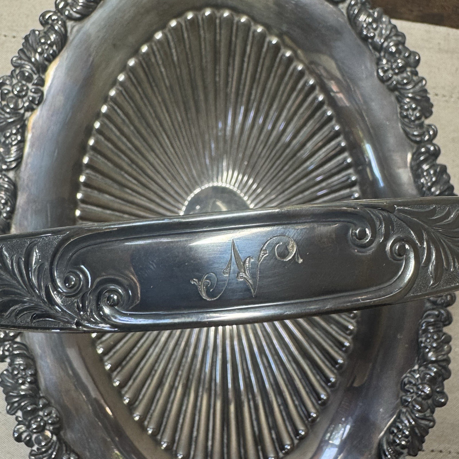 Antique EPNS Silver Plated Swing Handle Fruit Basket Bon Bon Bowl Monogram N