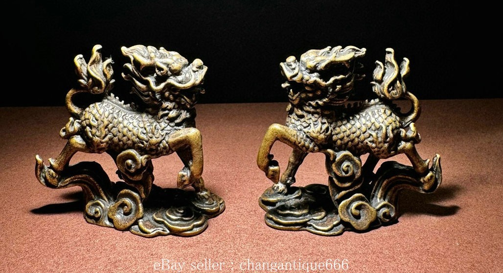 2.2” Chinese Copper Kylin Unicorn Qilin Chi-lin Dragon Beast statue Pair