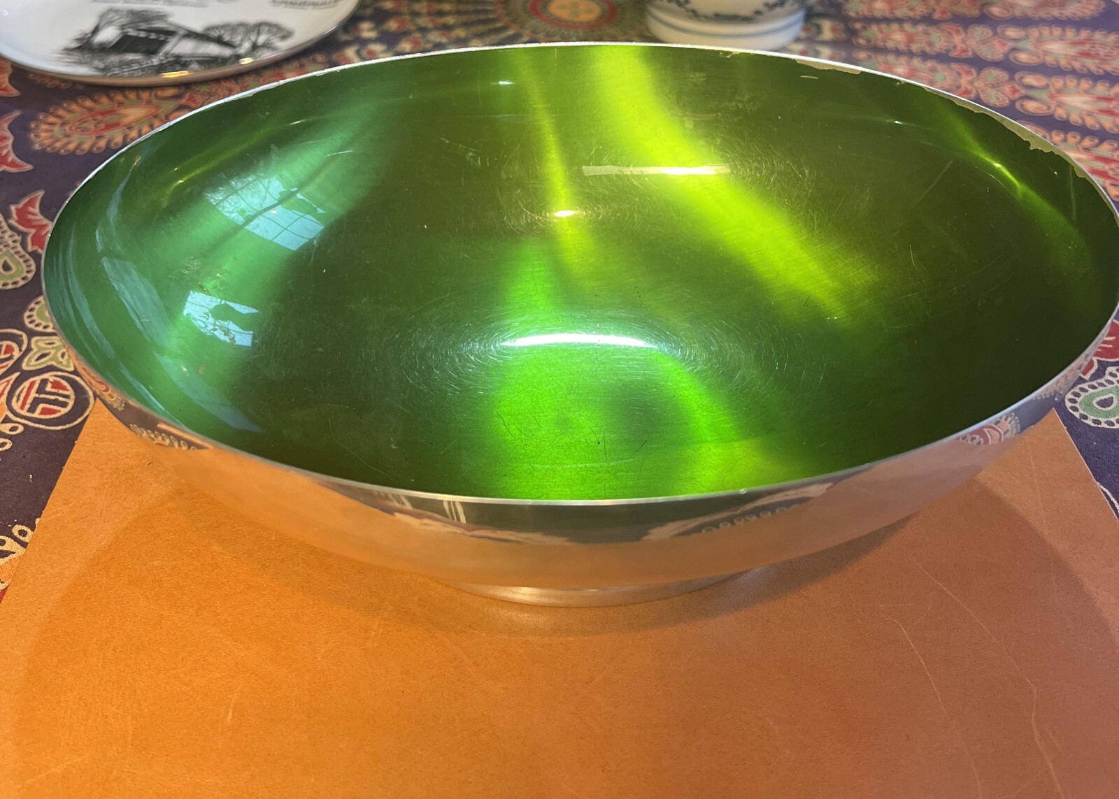 FANCY ENAMELED GREEN WALLACE SILVER 8 INCH OVAL FOOTED REVERE BOWL CENTERPIECE