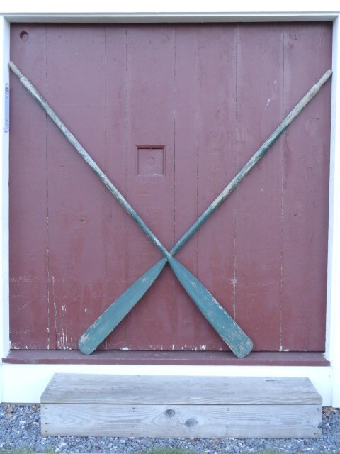 Antique Boat Oars 7 1/2′ Long Wonderful Old Green Paint Decorative Copper Tips