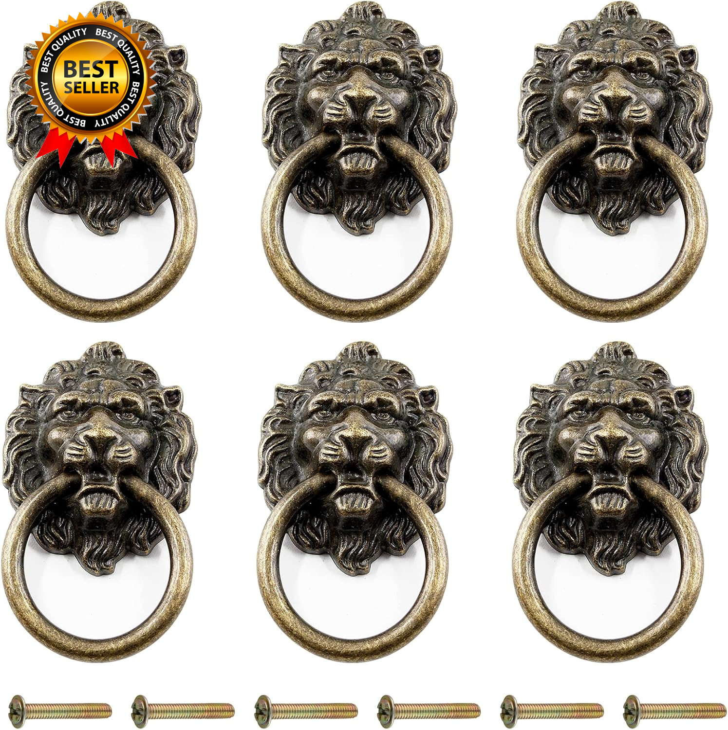 6 Pcs Lion Head Knobs Pull Antique Bronze Ring Pull Handles for Dresser