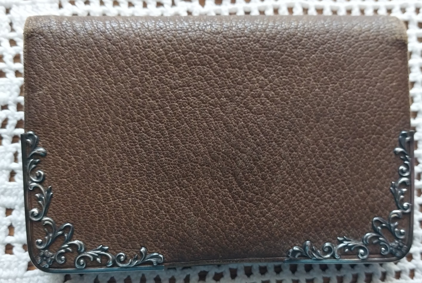 Antique Leather Card Case & Coin Holder w/Sterling Silver Decorative Corners