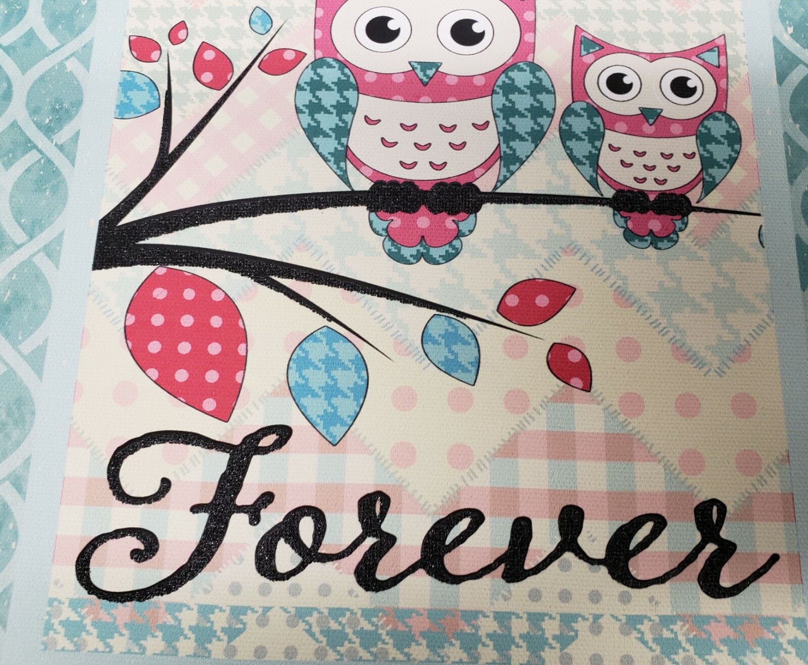 1 KITCHEN CANVAS WALL FRAME, app.10″ x 12″, 2 OWLS ON TREE, OWL LOVE YOU FOREVER