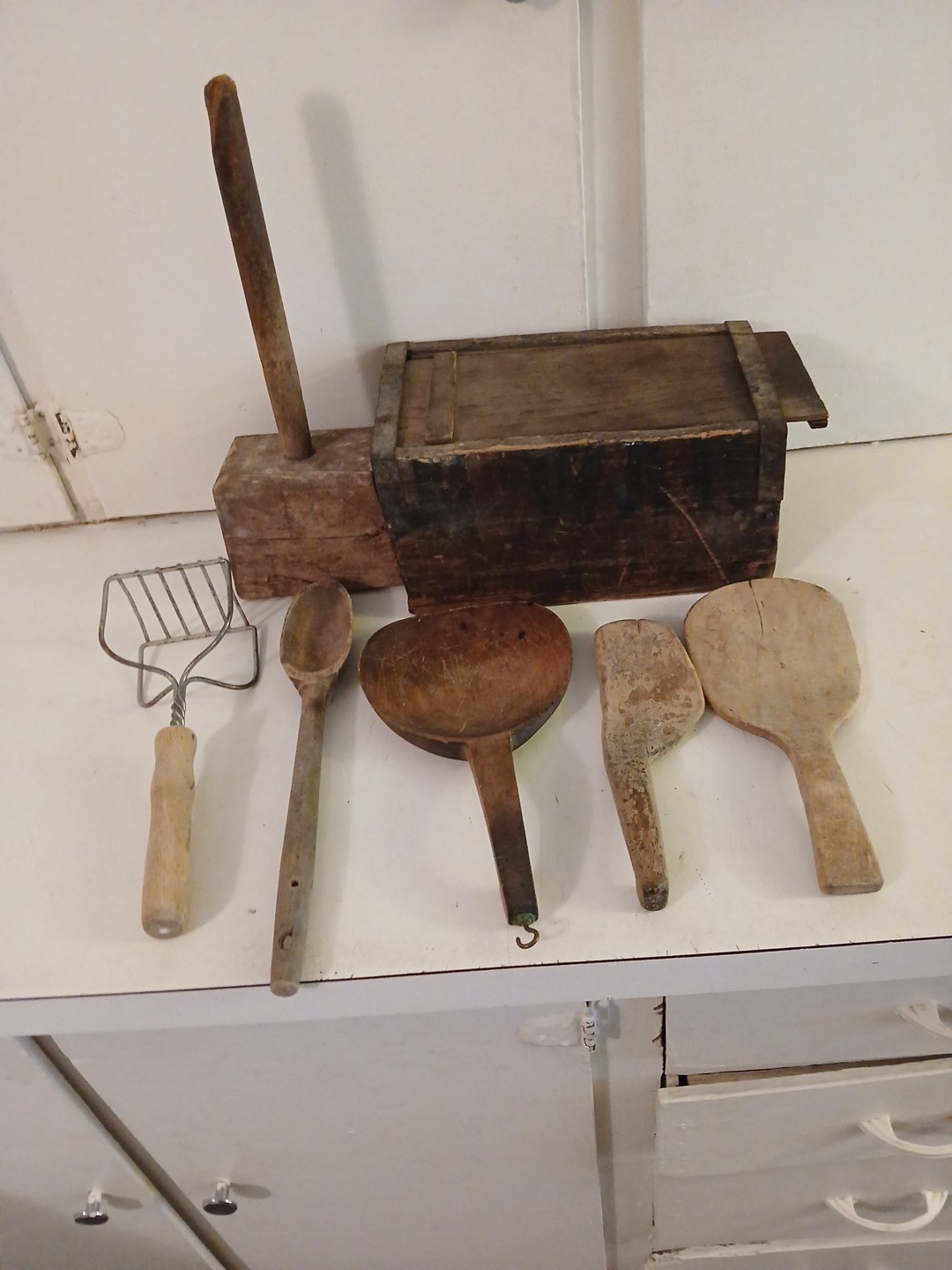 Lot Vtg 7 Antique Primitive Wood Tool Box Slide Lid 3 Wood Utinsils & Hammer