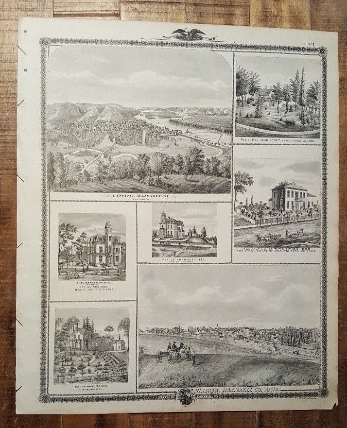 Antique Engraving – WAUKON, ALLAMAKEE CO. + OTHER VIEWS – Andreas Atlas Co. 1875