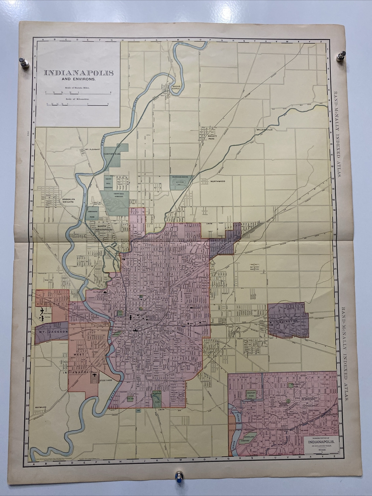 Large Format 1905 COLOR Rand McNally Map Atlas Page Business City Indianapolis