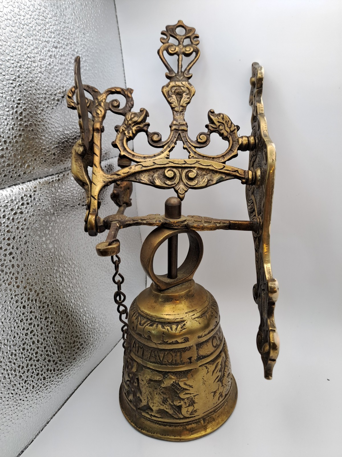 Antique Belgian Bronze Monastery Wall Bell Angel Gothic Latin Inscription c1900