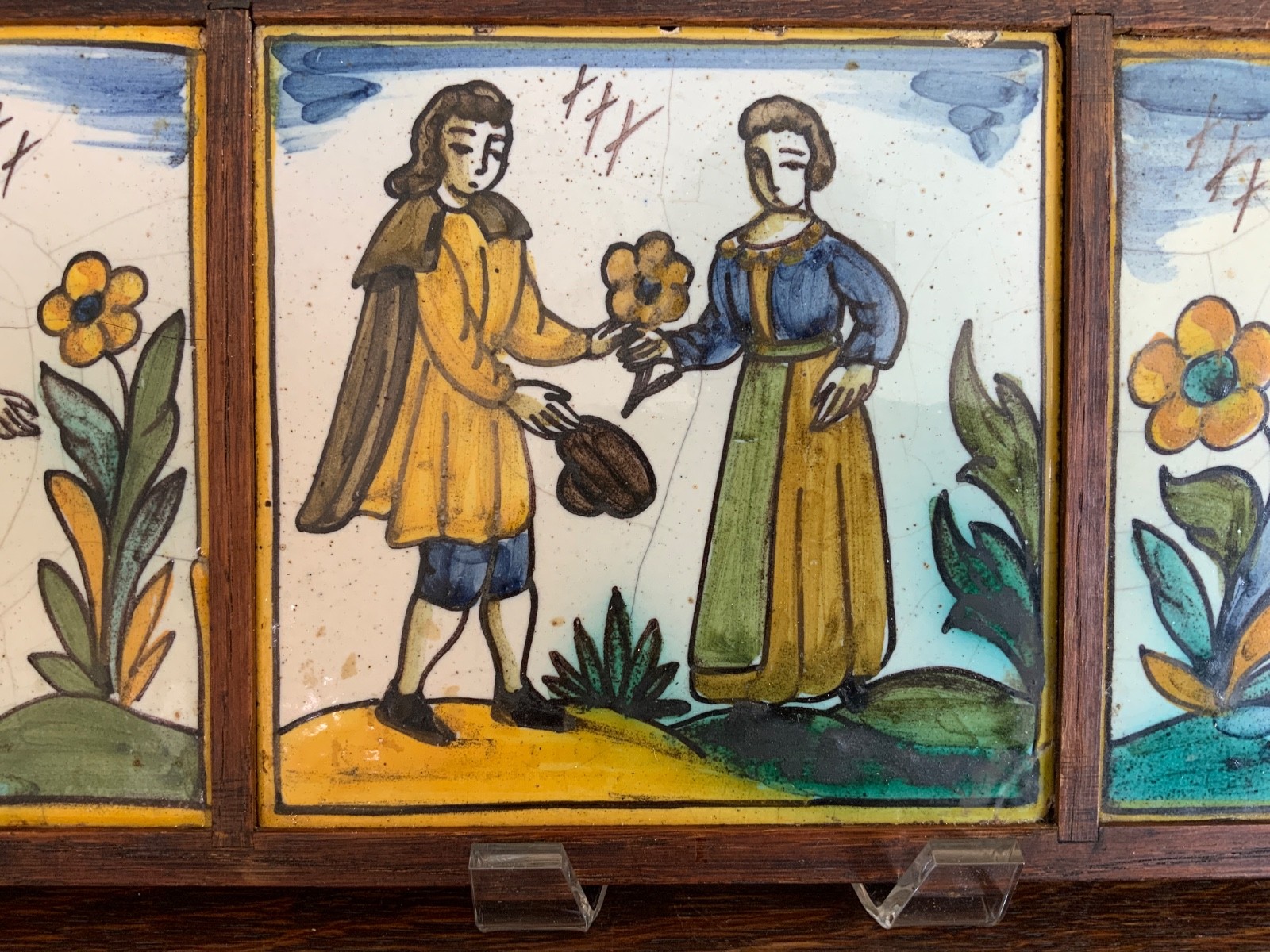 French Antique Hand Painted Faience Tiles Set/3 Framed Circa 1920