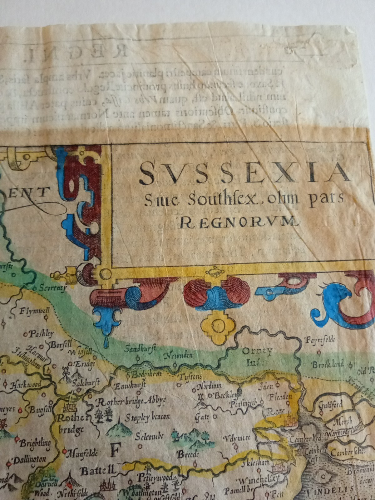 sussex,sussexia,john norden,1607, first edition, text in latin on verso