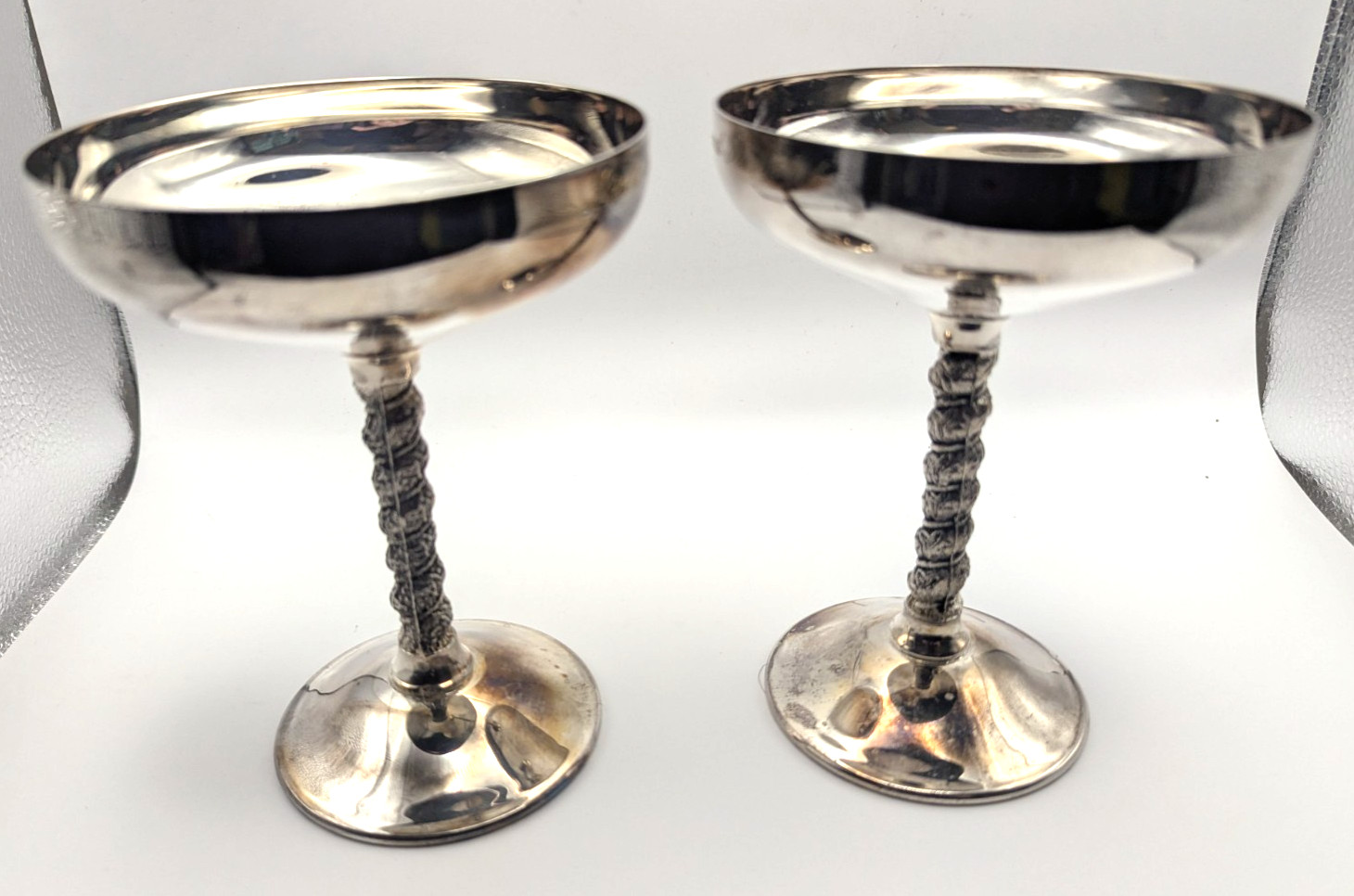 F.B. ROGERS Silverplate Coupe Champagne Glasses Set 2 Italy Engraved Vintage Bar