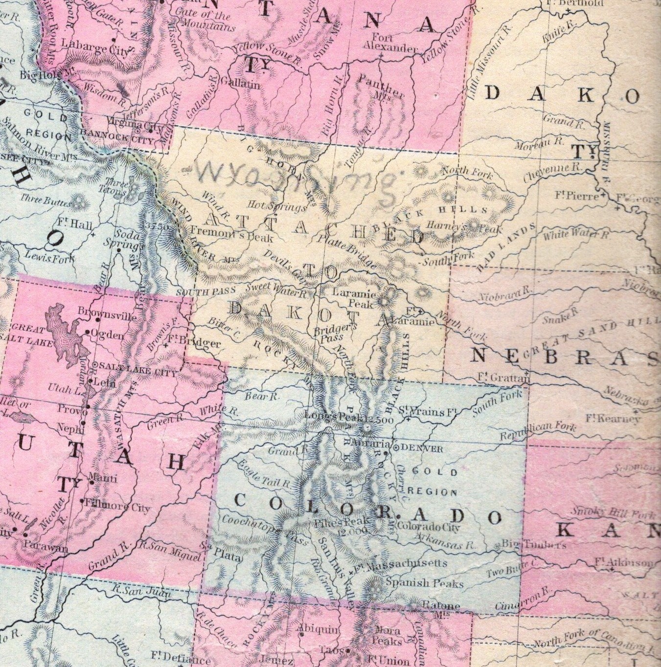 ca.1868 US Mitchell Map Wyoming attached to Dakota with Rare Script Annotation