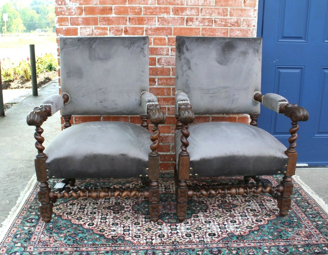 Pair of French Antique Oak Renaissance Louis XIII Armchairs Circa 1880 ~Set of 2