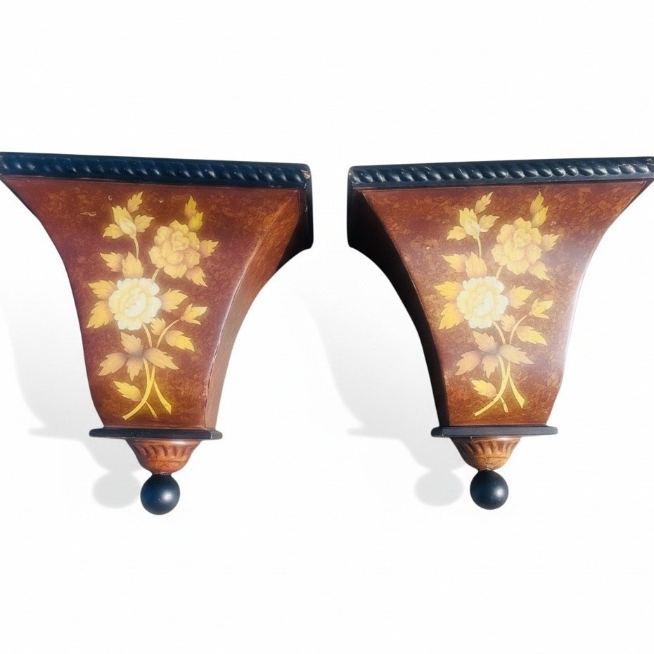 Vintage Tole Painted Metal Shelves Set of 2