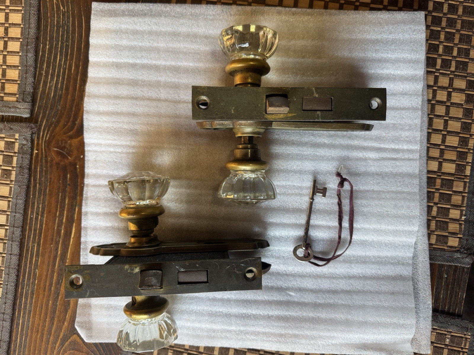 Antique 1920’sCorbin Art Deco Mortise Lockset Pair Glass Doorknobs W/Key