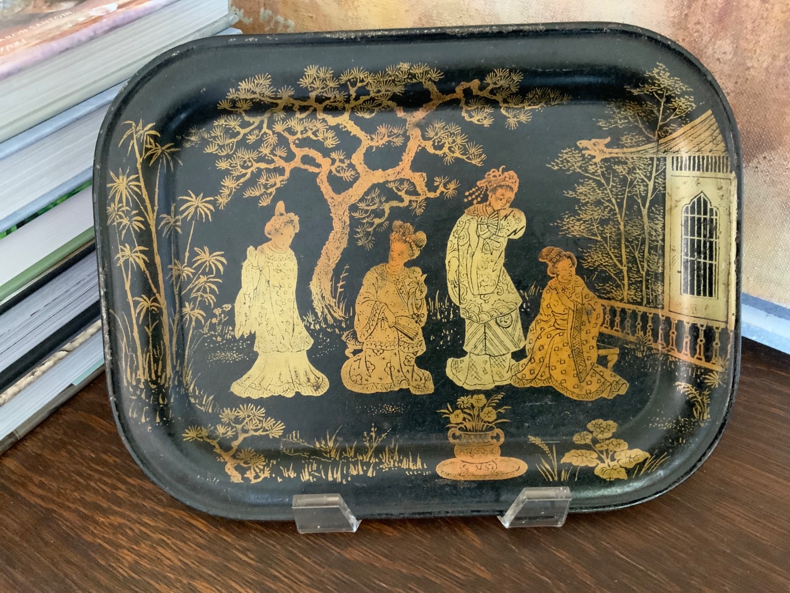 19th C Oriental Black & Gold Tole Tin Metal Work Small Coin Tray C1890s