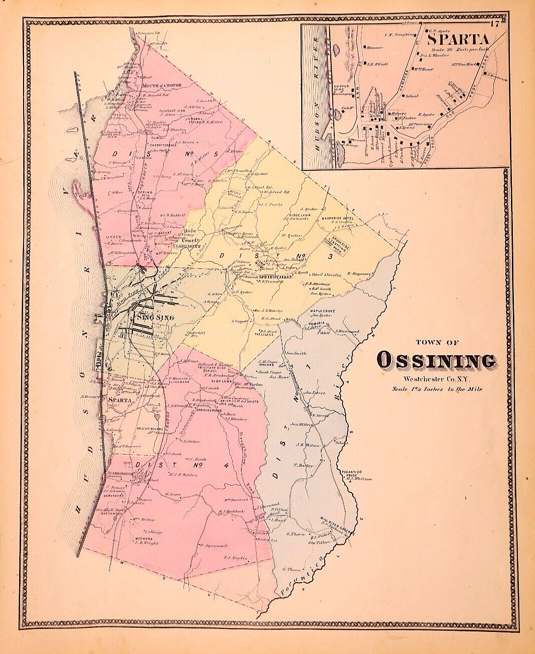 Rare 1867 Map ~ OSSINING, NEW YORK – SPARTA – SING SING ~ (14×18)-#11