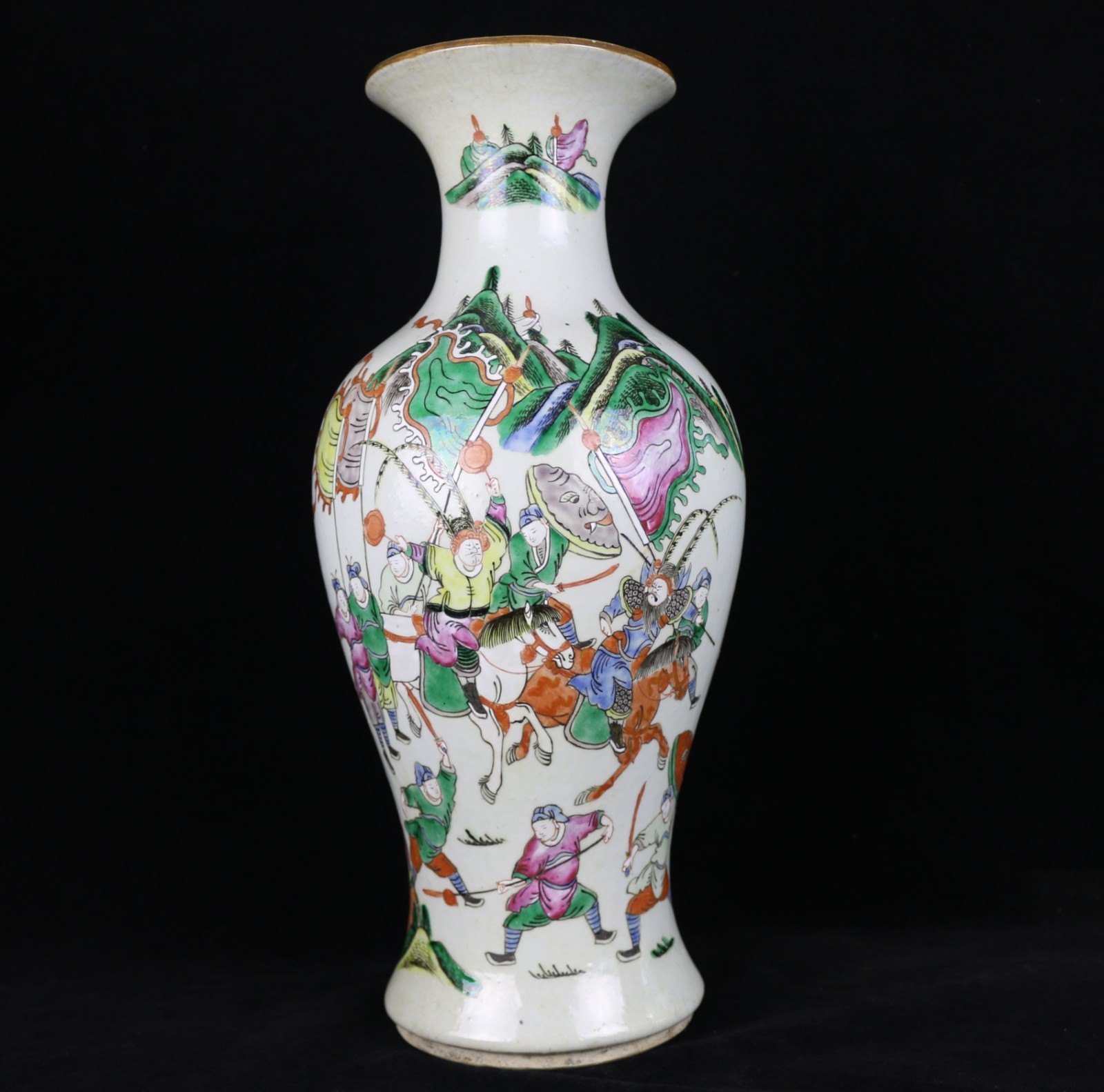 Antique Chinese 17.75″ Porcelain Vase ~ Famille Rose War Scenes