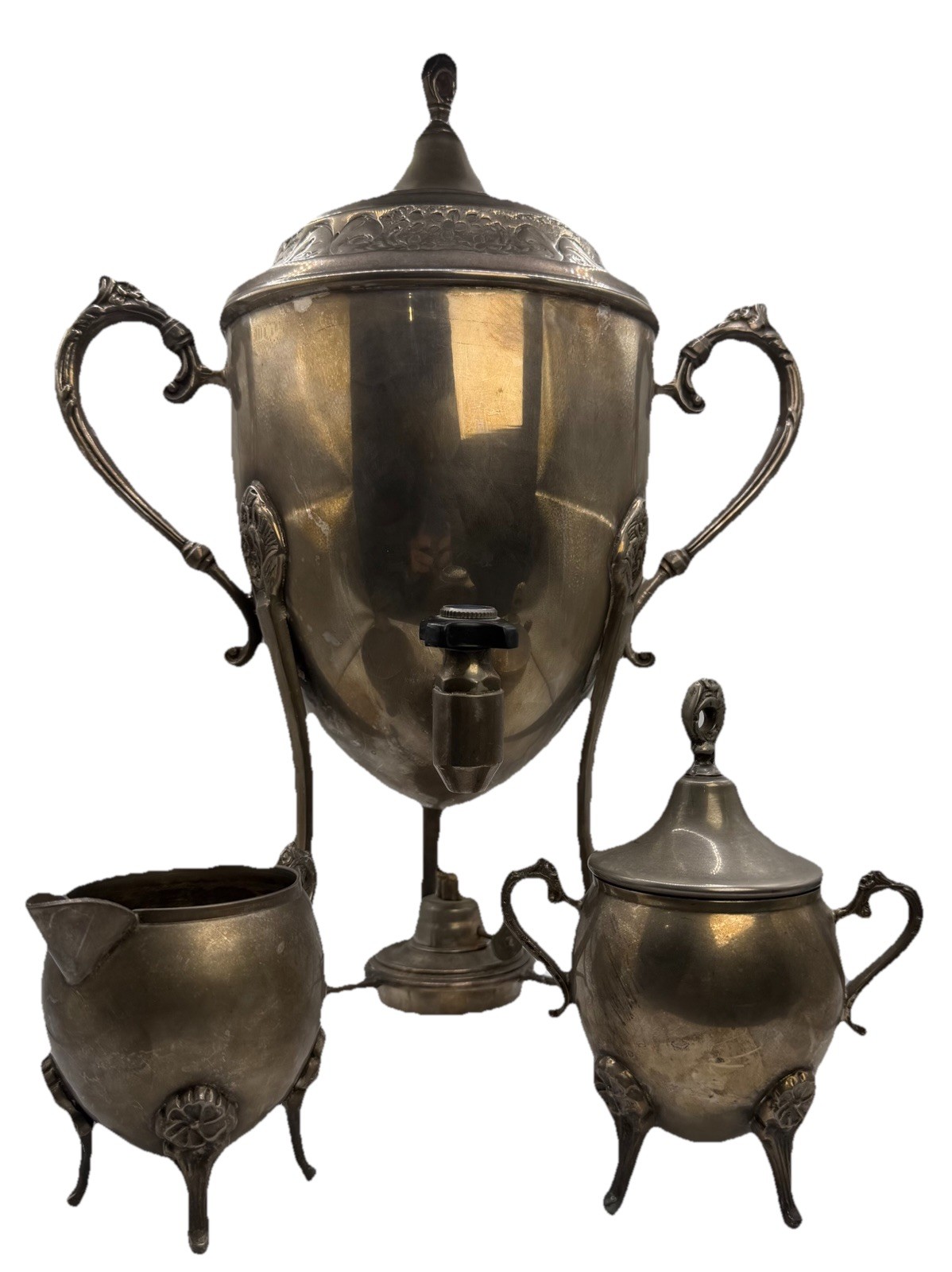 Antique Universal Silverplate Samovar Tea Set Spirit Burner Coffee Urn 3pc