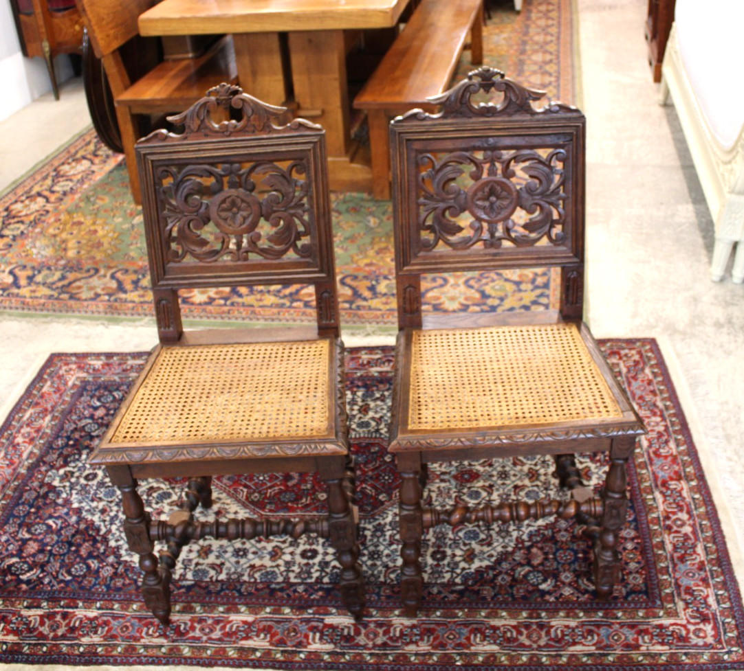 Set of 2 French Antique Renaissance Oak Dining Chairs w/ Cane Seats