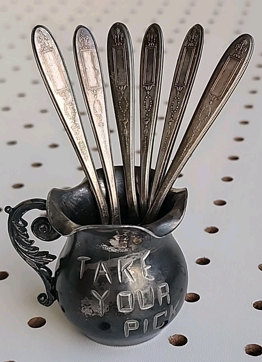 Antique Stevens Silver Co Take Your Pick Holder & 6 Oneida Grosvenor Spoons