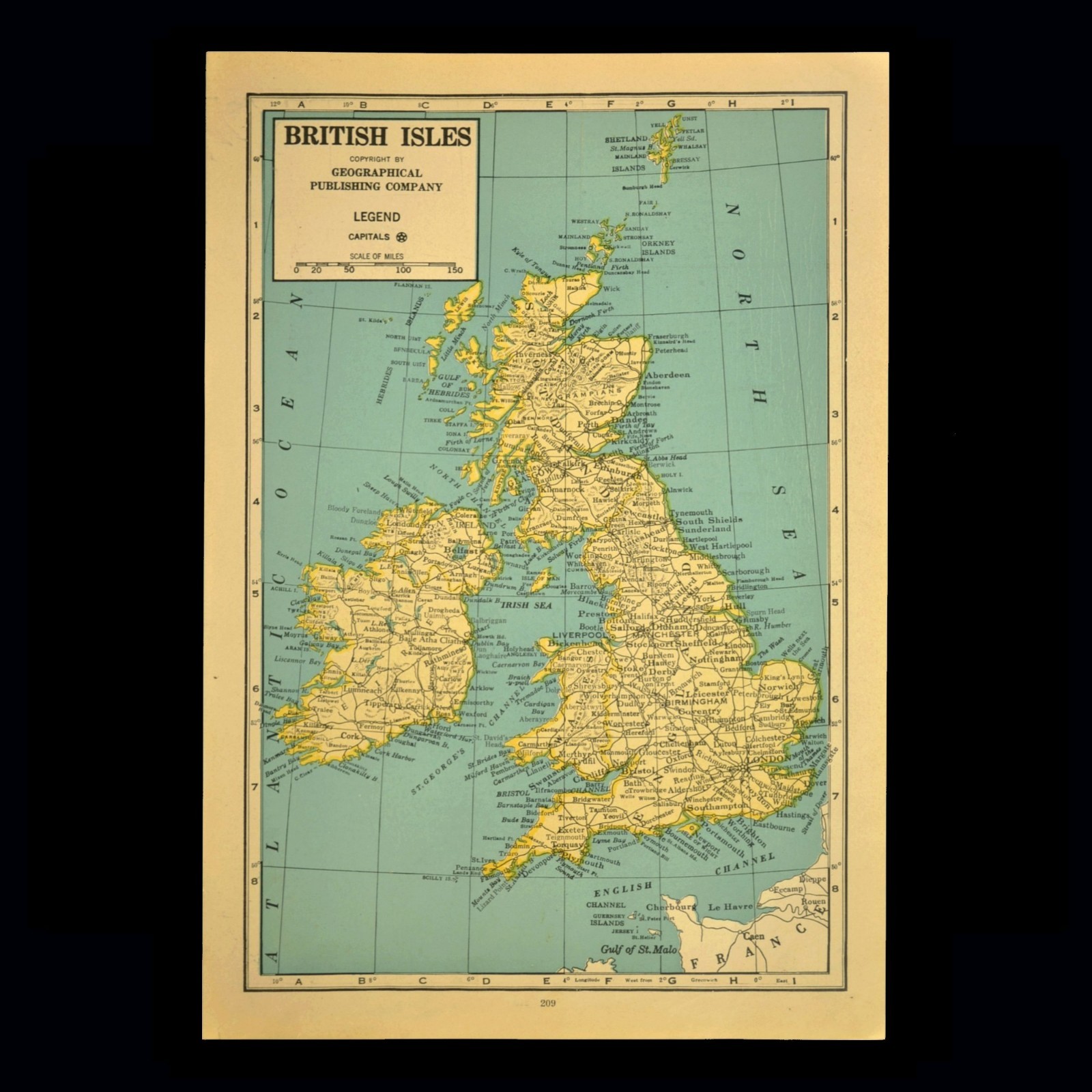 Vintage United Kingdom Map of the British Isles Wall Art 1940s Original London