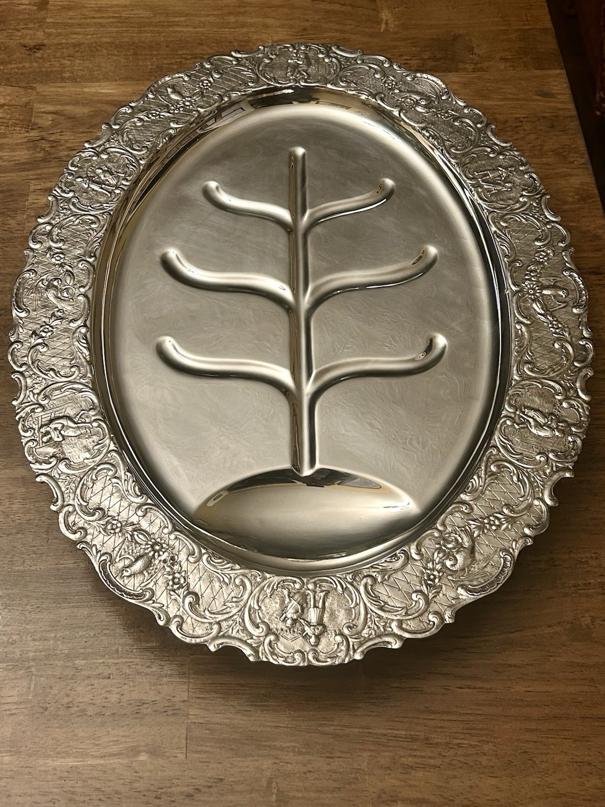 Dutch Scene Music Dancing Bird Silverplate Footed Meat Carving Serving Tray Tree