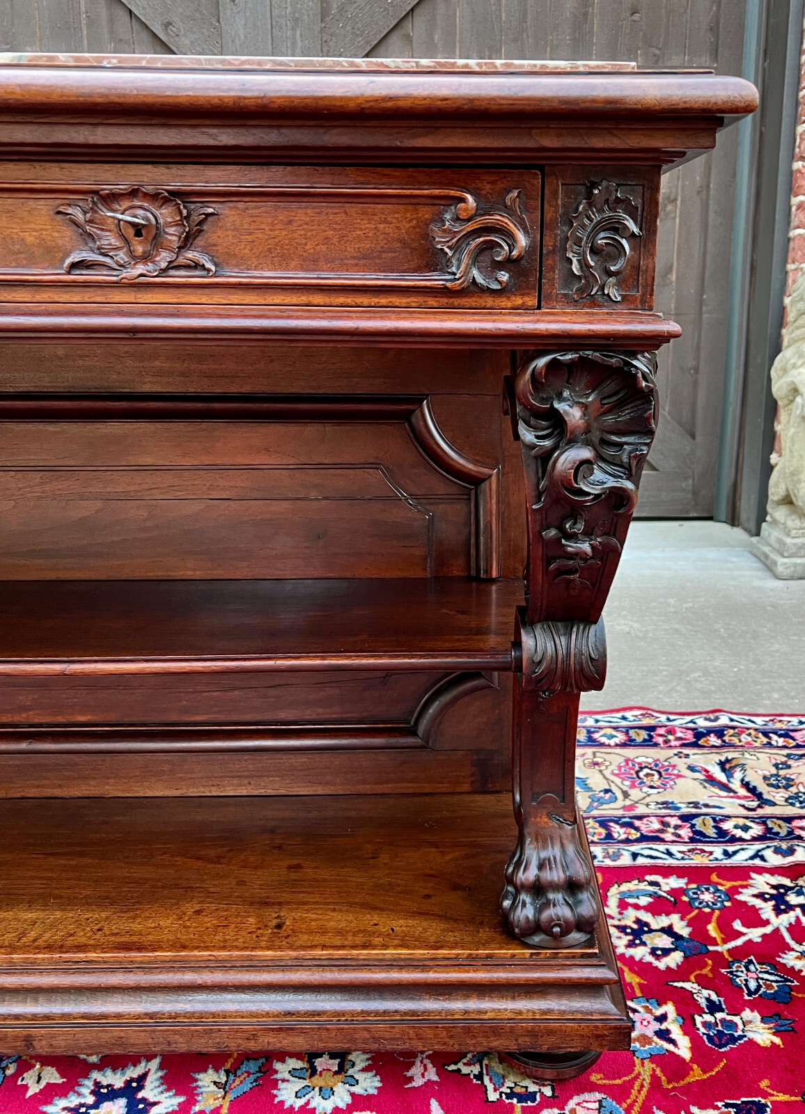 Antique French Gothic Server Sideboard Console Table 2-Tier Walnut Marble Top