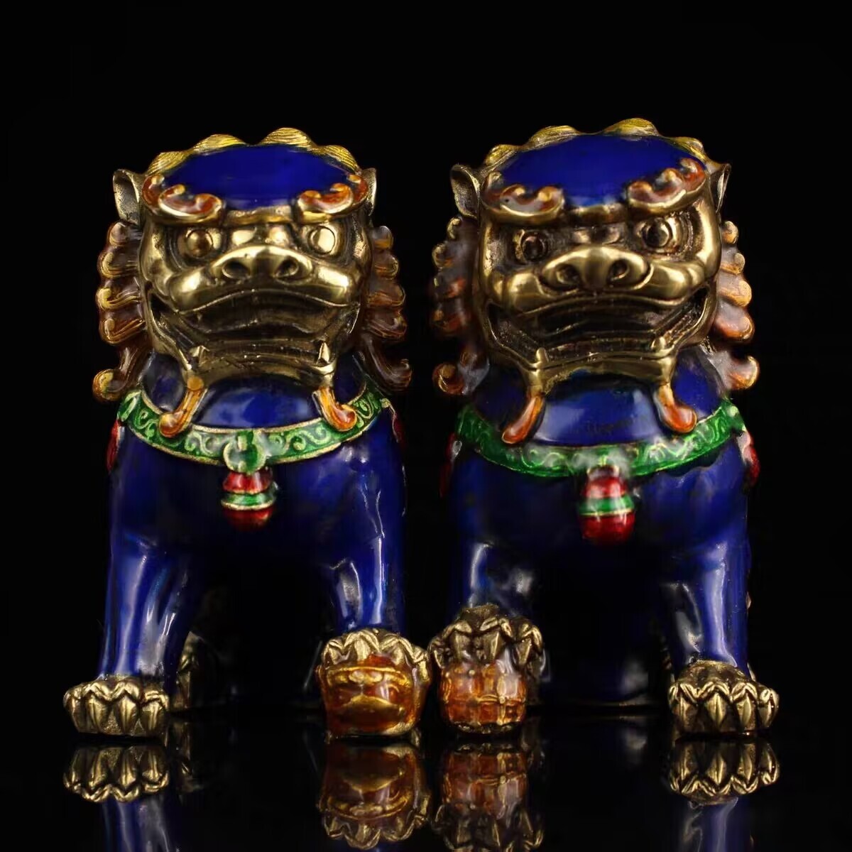 1Set 2Pcs Fengshui Bronze Cloisonne Guardion Fu Foo Dogs Lion Beast Statue 802