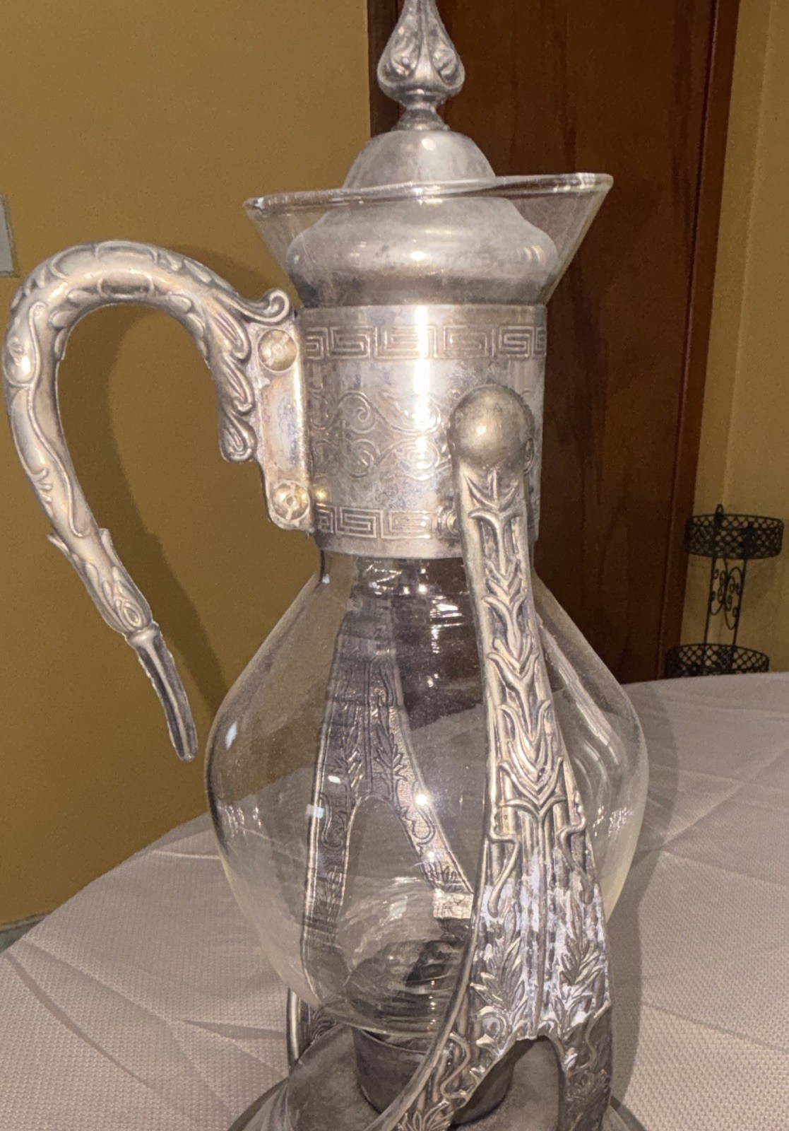 Silverplate & Glass Claret Wine Pitcher Decanter, Art Nouveau Floral Pattern
