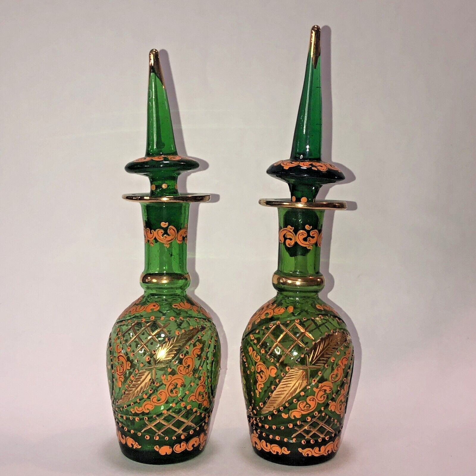 2 Enamored Hand Painted Floral Green Glasses Decanters Middle East 20th Century