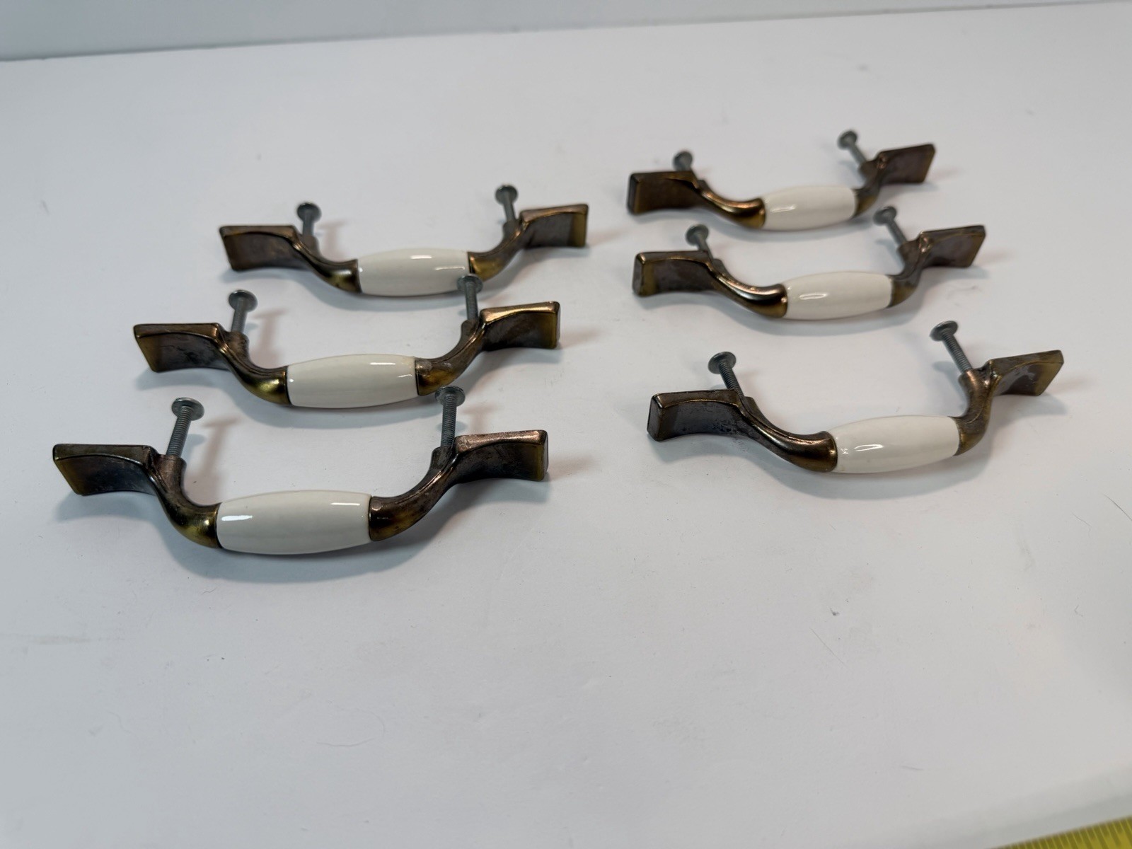 Vintage Cabinet Drawer Handle Pulls Brass Tone White Center Accent 3” Centers