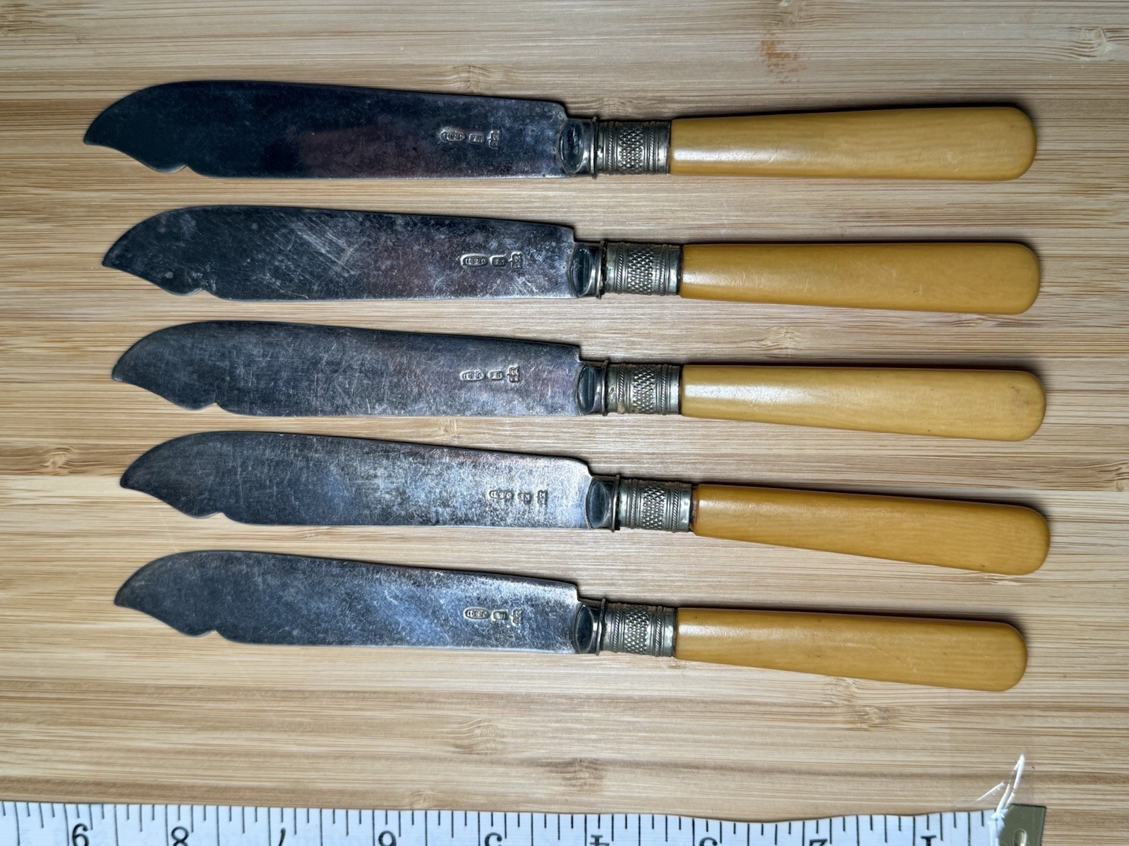 Antique Victorian Silver Plate Fish Knives Engraved with French Ivorine Handles