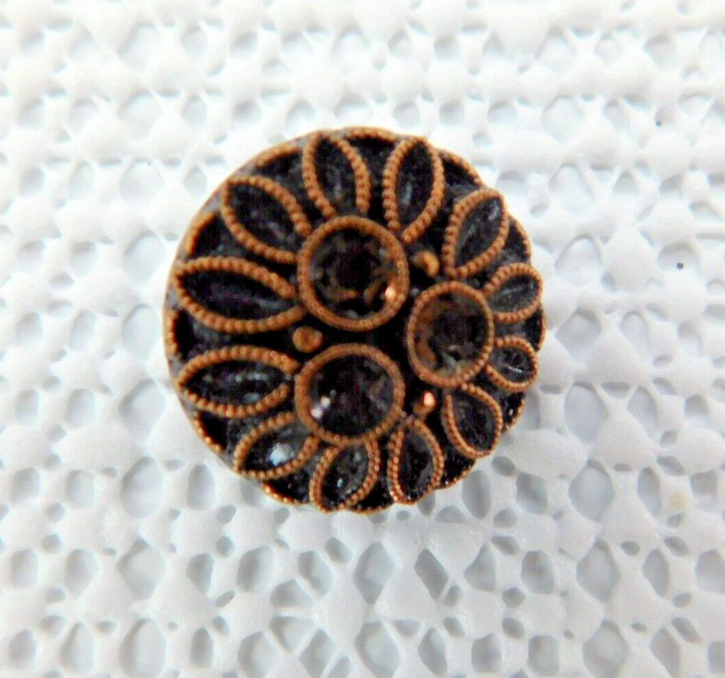 Vintage 5/8″ Black Glass Button with Gold Petals and Circles SB1