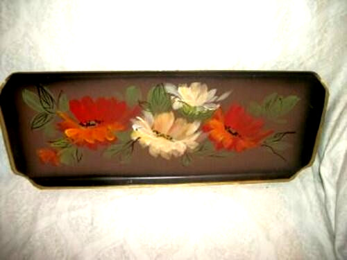 Cottagecore Vintage Tole Tray HP Floral Earthtones Long Narrow 1960s Rolled Edge