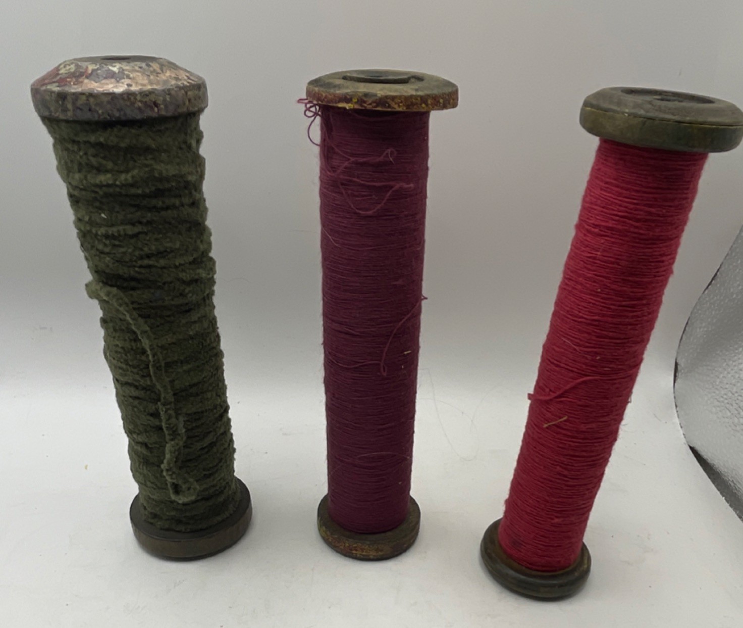 Antique Industrial Wool Thread Spools Green Red Pre-1930. 7 inches