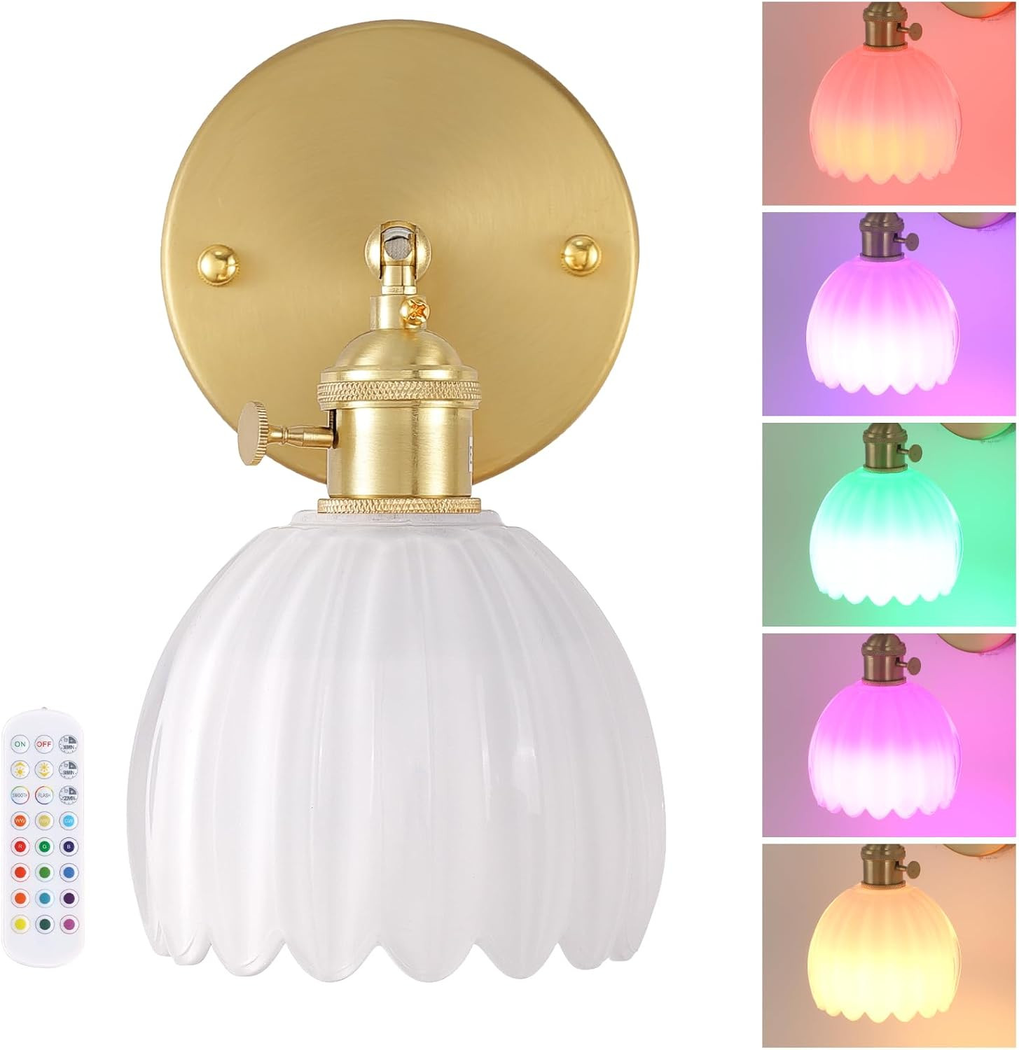 Vintage Battery Operated Wall Sconce with White Tulip Glass Lampshade Rechargeab
