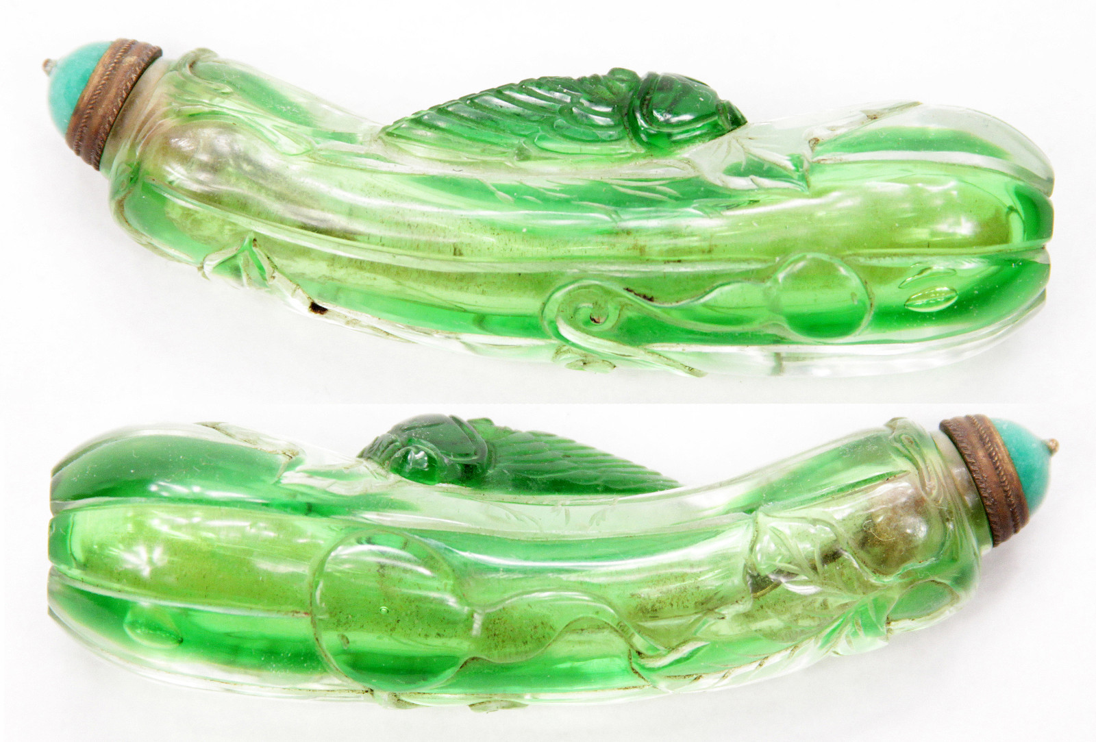 Large Unusual Antique Chinese Qing Peking Glass Carved Snuff Bottle Melon Cicada