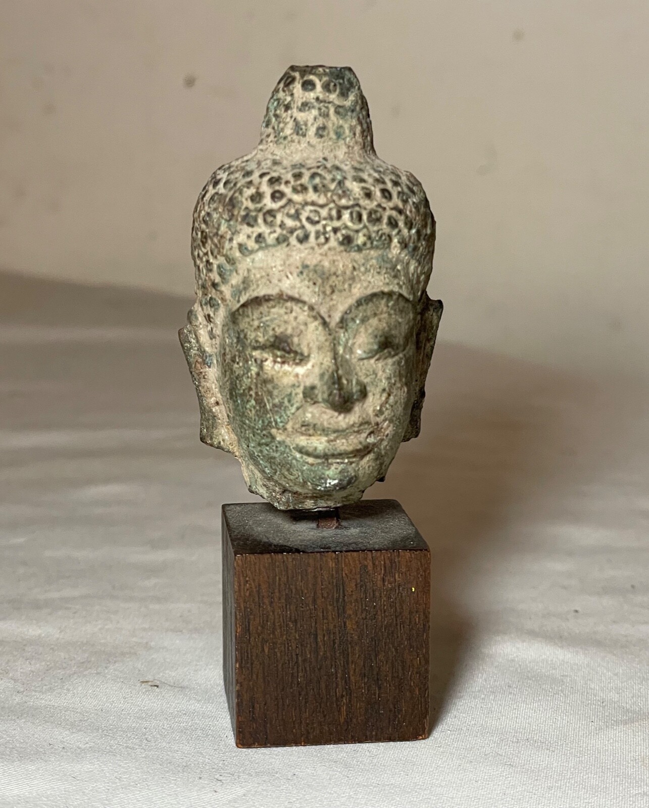 rare antique 15th century handmade bronze Thailand Buddha head statue fragment