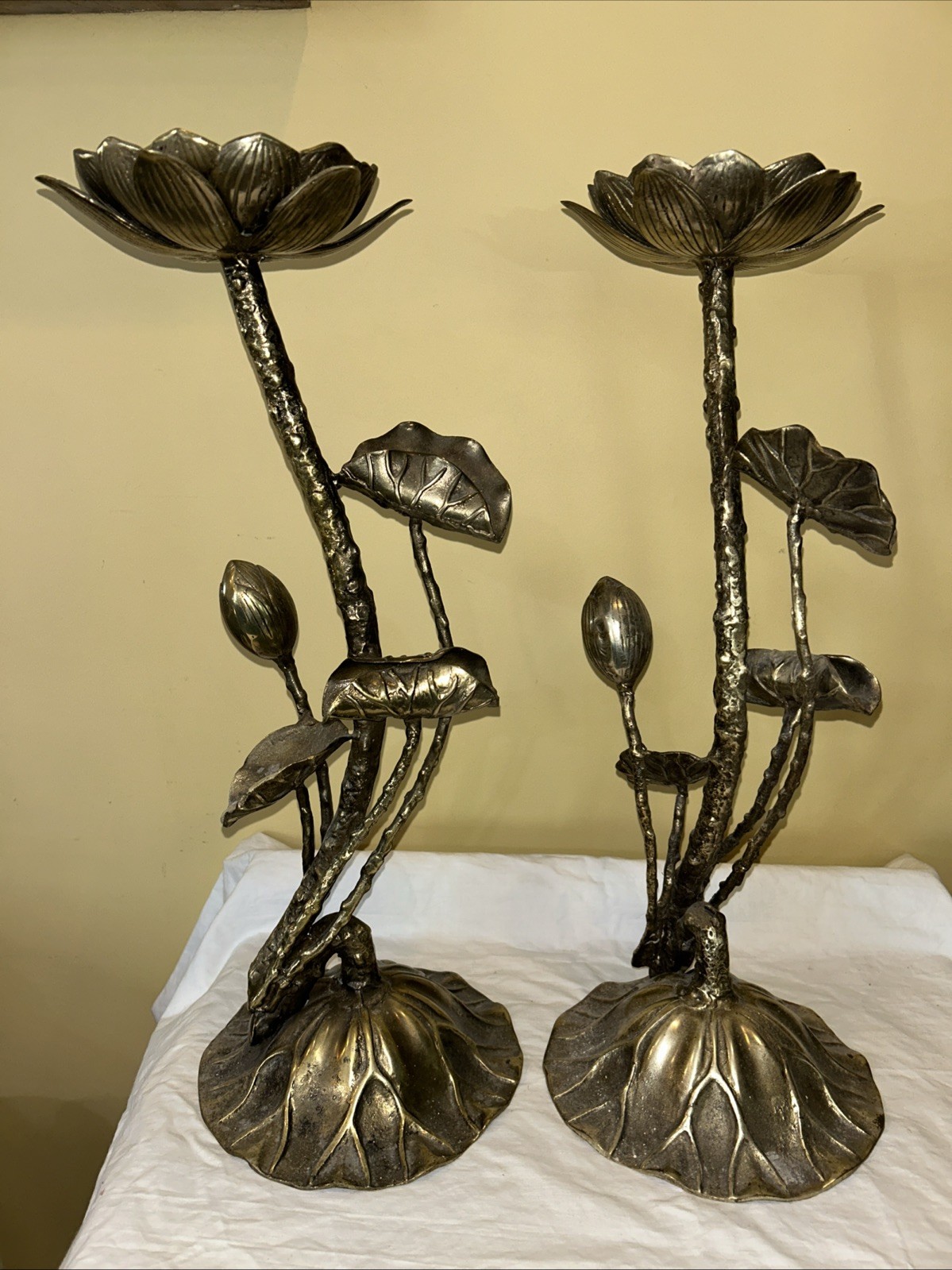 Lot of 2 Midcentury Brutalist Brass Lotus Candleholders 19″ Made In Japan