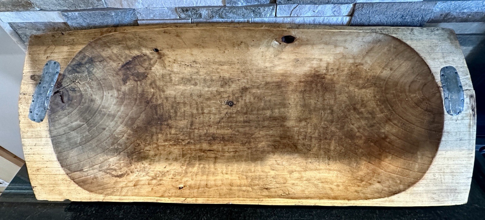 Primitive Antique 35” Hand‑Hewn Pine Trencher w/ Old Metal Repairs