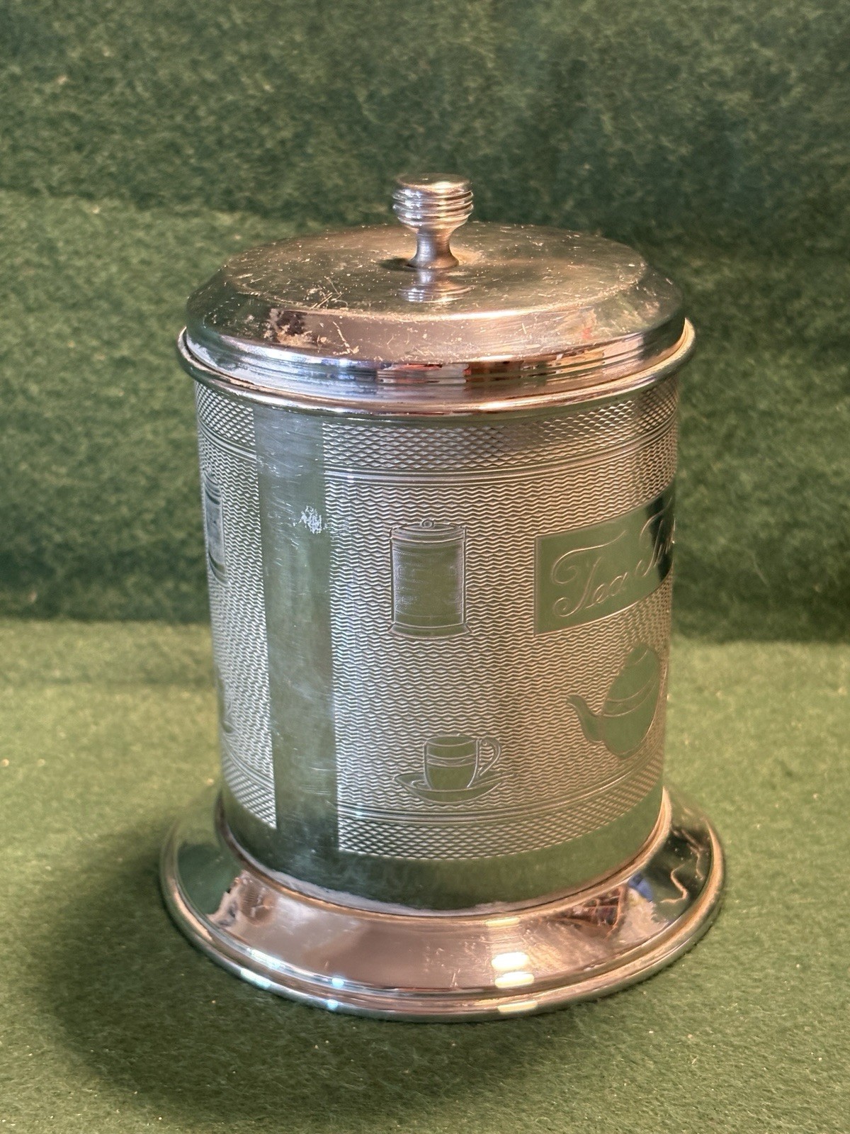 Vintage Tea Time Tea Caddy Chrome Plated & Engraved 4-1/2″ Tall