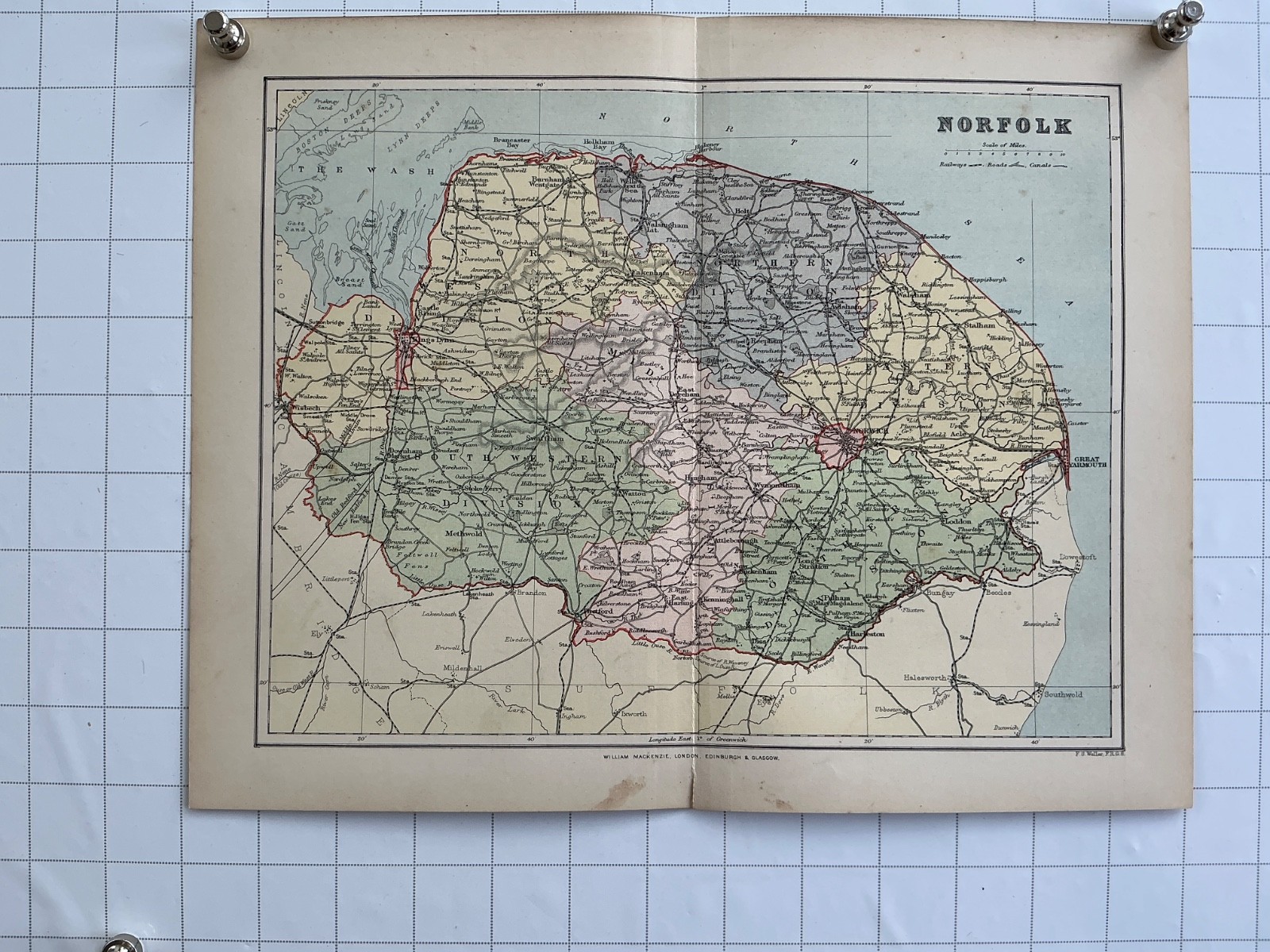 NORFOLK- c1891 Original Antique County Map England Norwich Great Yarmouth