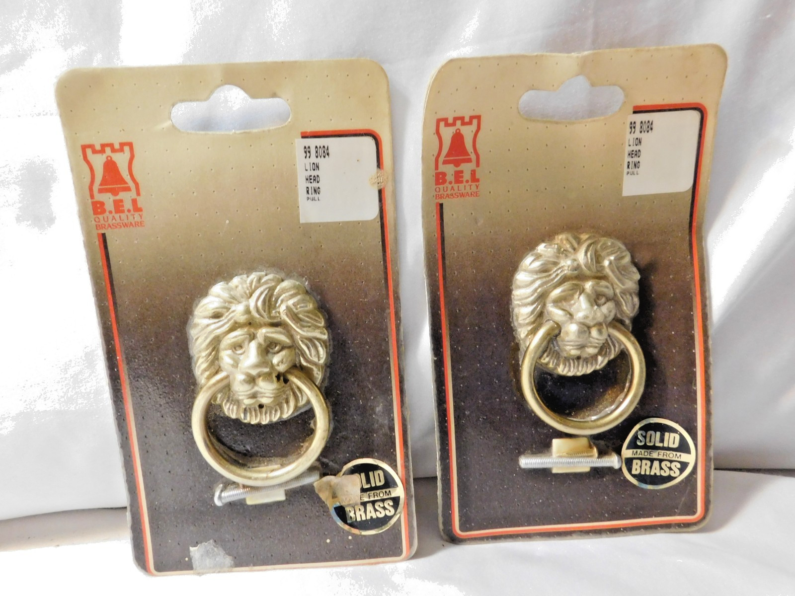 Vintage B.E.L Brass Lion Head Ring Pull Knobs Lot of 2 NOS Sealed Packages