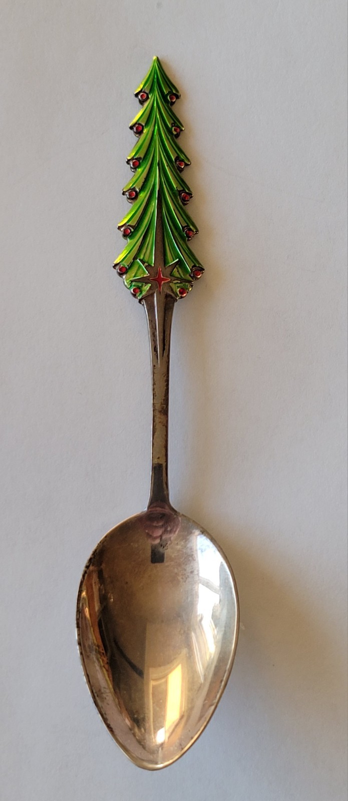 Antique Christmas Painted Tree Sterling Silver Spoon Holiday Ornaments RARE