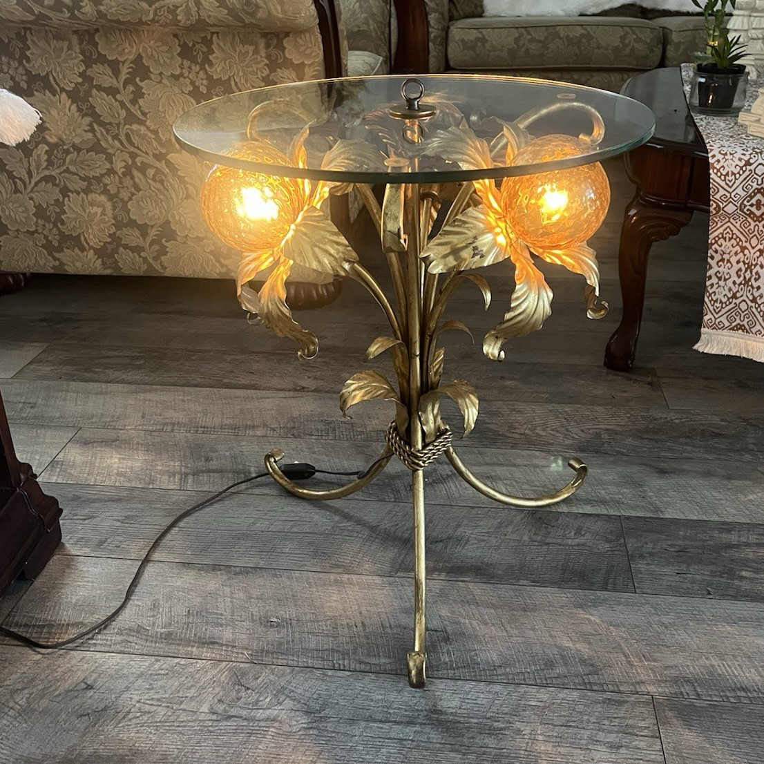 HANS KOGL Hollywood Regency Gilt Tulip Illuminated Side Table 20×23”