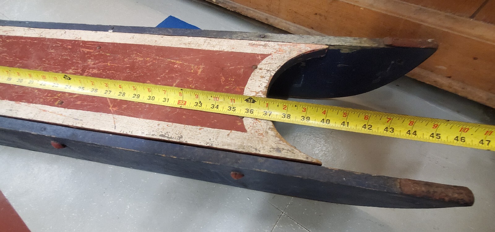 Antique Vintage Solid Wood Snowboard Sled Primitive Red White Blue Ice Sled Bob