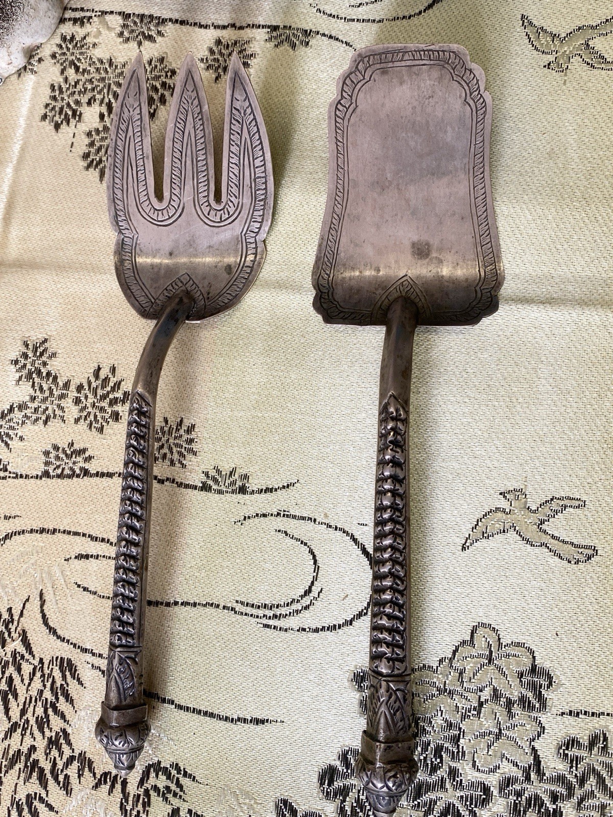 19th cent.North Africa Hand-Hammered Silver Cake&Pastry Server Fork&spoon Ladle