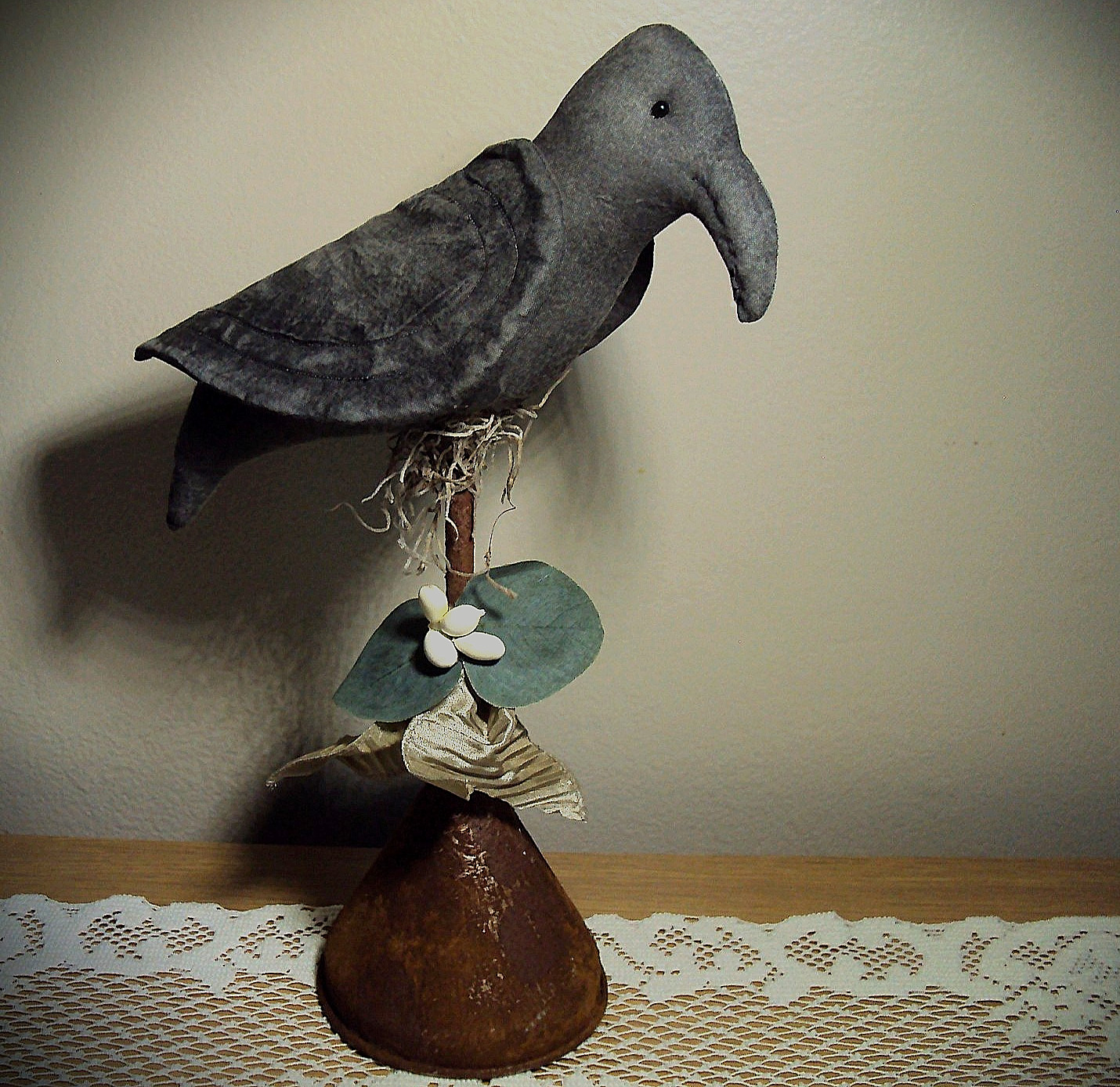 Primitive Folk Art Handmade Black Crow Doll Vintage Rusty Metal Funnel Tin Decor