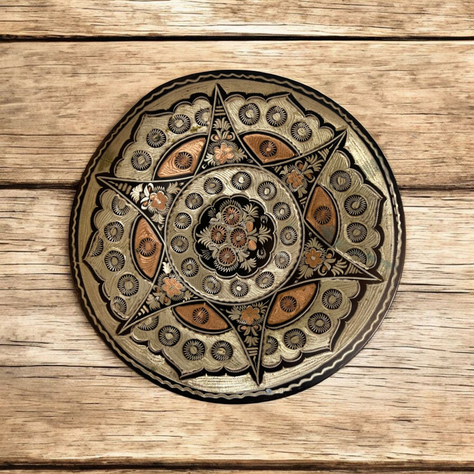 Vtg Islamic Copper Wall Plate Mixed Metal Silver Inlay Engraved Damascene Art