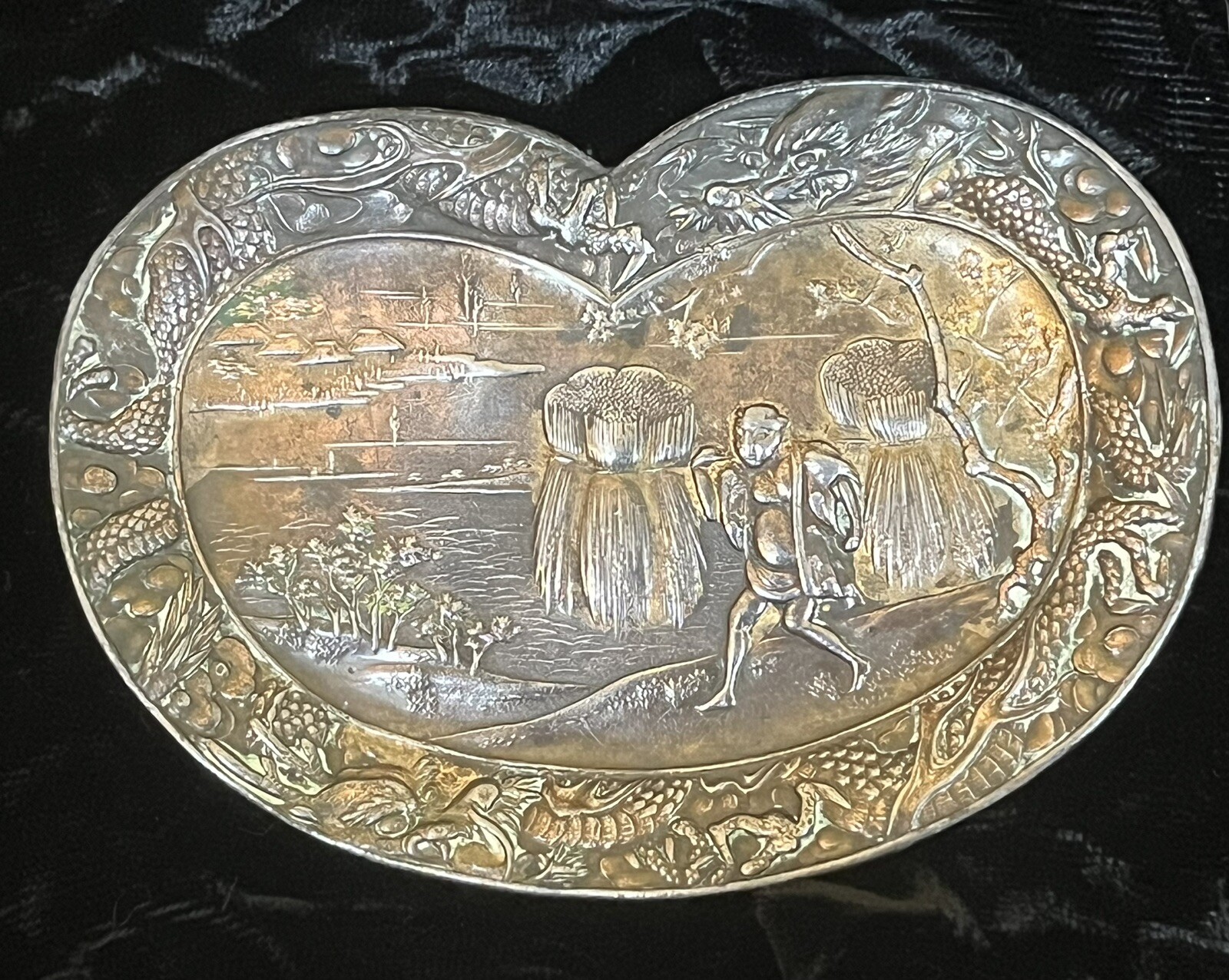 Antique 19th C Japanese Meiji Period Embossed Trinket Dish Dragon Border